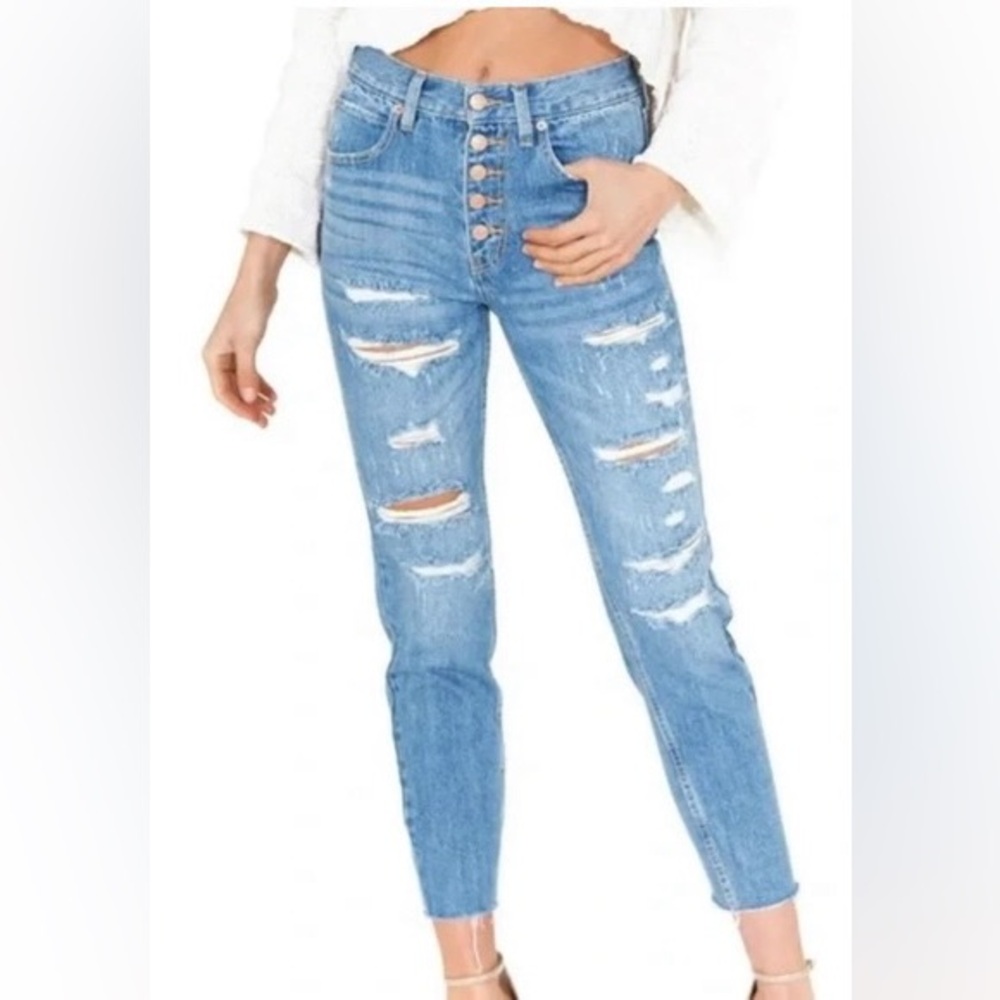 WE THE FREE Light Wash High Rise Distressed Button Fly Jeans Womens Sz 26